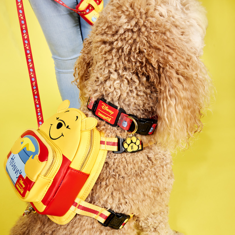 Dog sitting and wearing the Winnie the Pooh mini backpack harness and Winnie the Pooh dog collar against a yellow background with woman standing behind him holding the leash